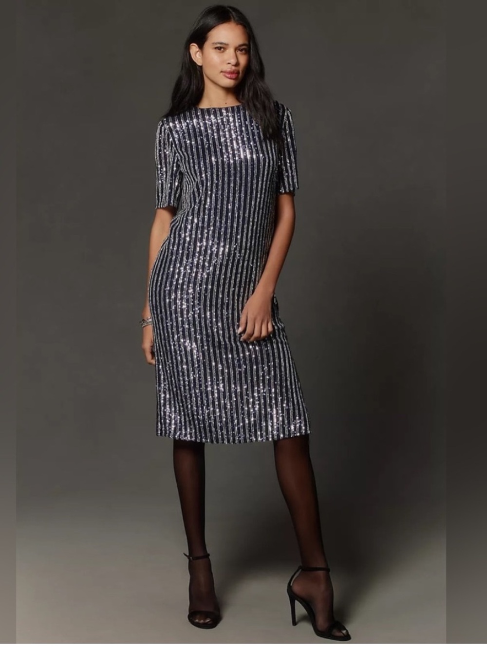 Anthropologie Flat White Short Sleeve Sequin Stripe Dress Size Large NWTS